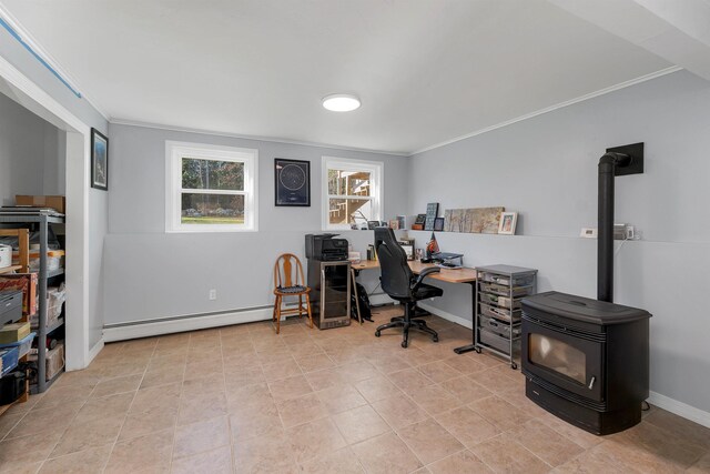 office with baseboard heating and ornamental molding