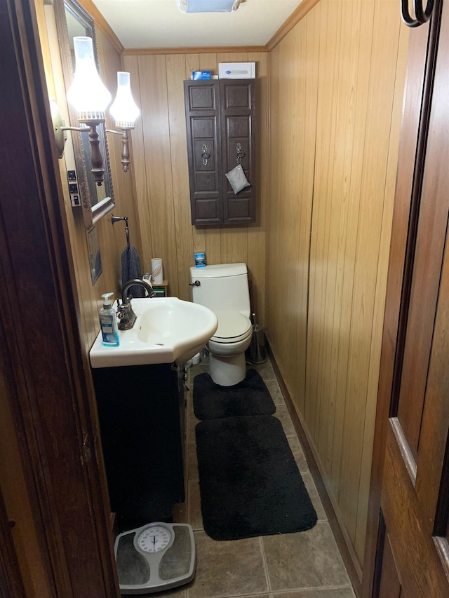 bathroom featuring wood walls, vanity, and toilet