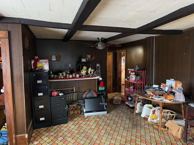 office area with beam ceiling, ceiling fan, coffered ceiling, and wood walls