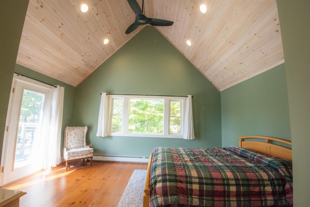 bedroom with ceiling fan, baseboard heating, light hardwood / wood-style flooring, high vaulted ceiling, and wood ceiling