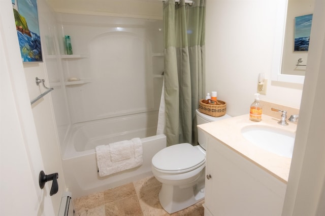 full bathroom featuring vanity, shower / bath combination with curtain, a baseboard radiator, and toilet