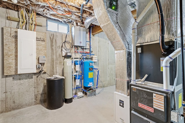 utility room featuring electric panel, tankless water heater, and heating unit