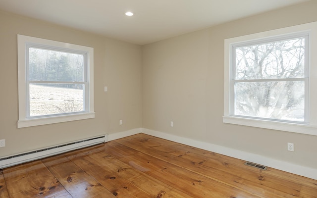 empty room with hardwood / wood-style flooring and a baseboard radiator