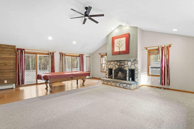 rec room featuring ceiling fan, billiards, lofted ceiling, light carpet, and a fireplace