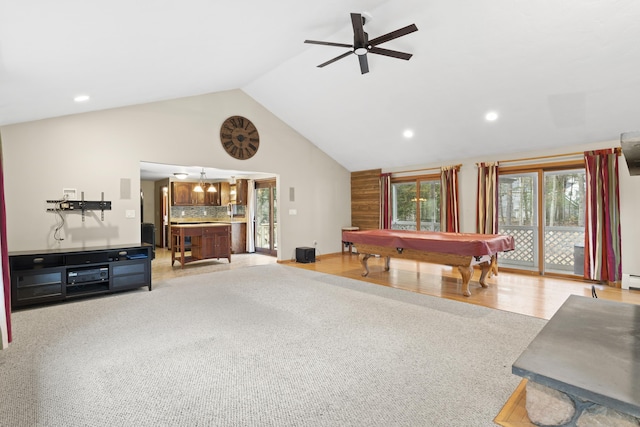 game room with light carpet, ceiling fan, lofted ceiling, and billiards