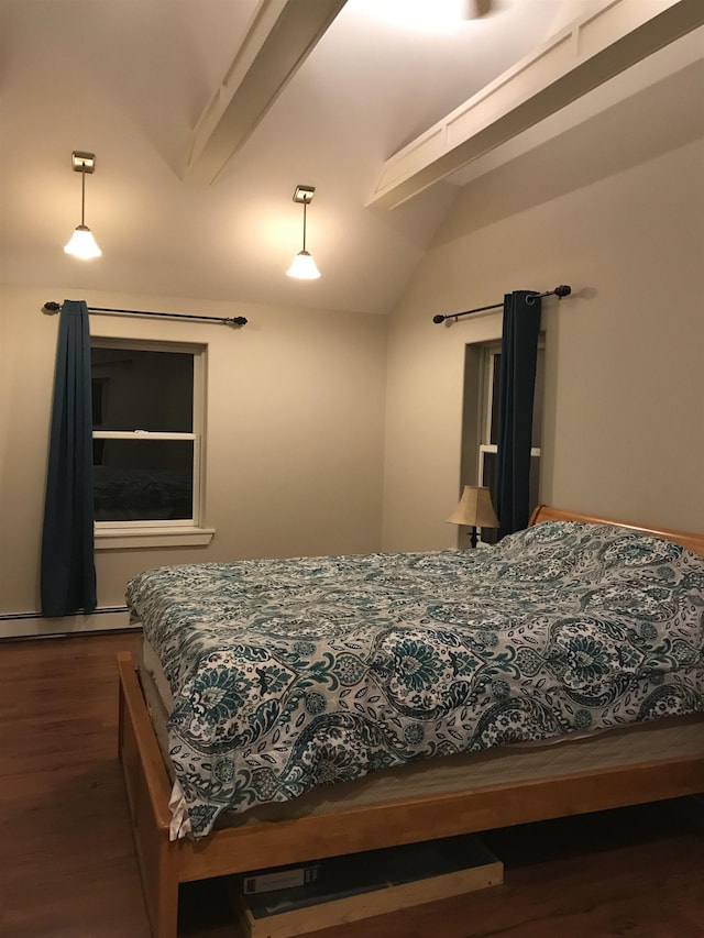 bedroom with vaulted ceiling, dark hardwood / wood-style floors, and a baseboard radiator