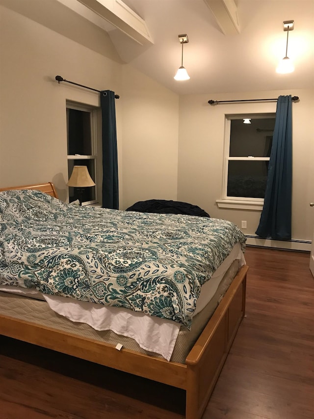 bedroom with vaulted ceiling, dark hardwood / wood-style flooring, and a baseboard radiator