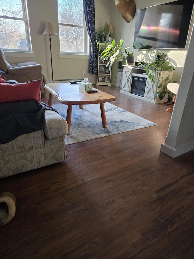 living room with plenty of natural light and dark hardwood / wood-style floors