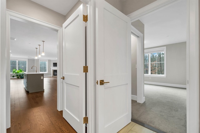 hall with carpet and sink