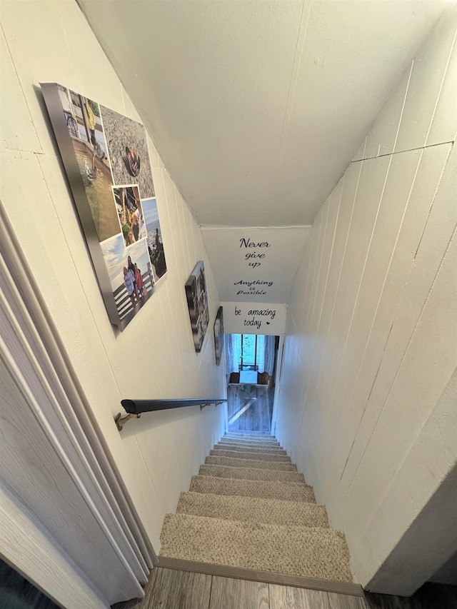 stairway with wooden walls