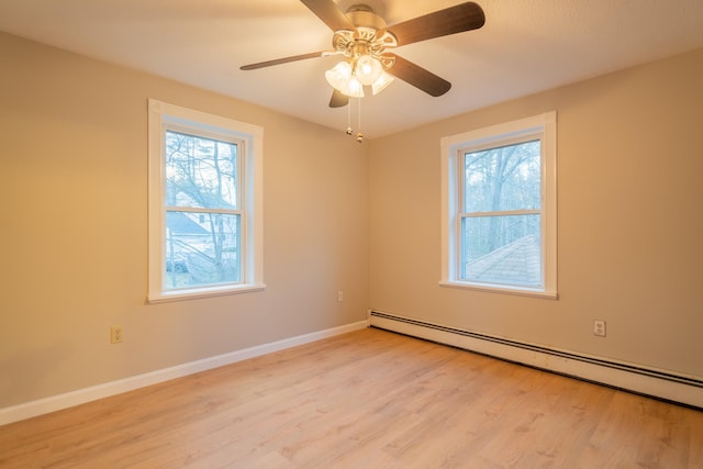 spare room featuring light hardwood / wood-style flooring, baseboard heating, and ceiling fan