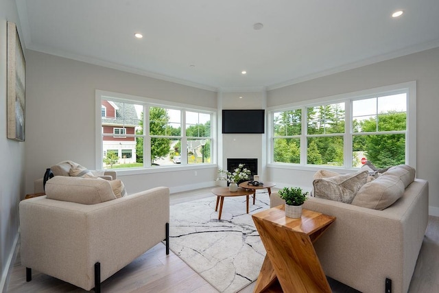 living room featuring light wood-type flooring and ornamental molding