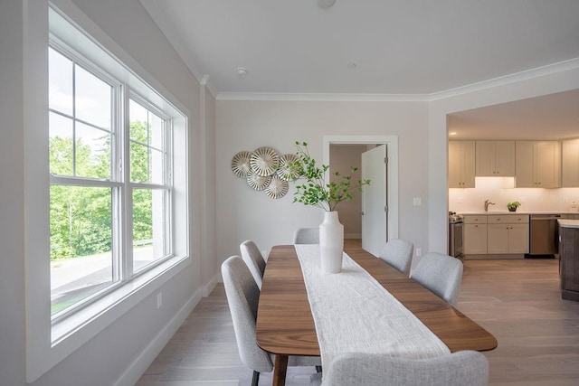 dining space featuring a wealth of natural light, sink, light hardwood / wood-style floors, and ornamental molding