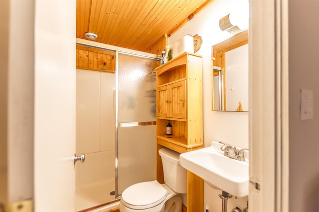 bathroom with sink, toilet, wooden ceiling, and a shower with door