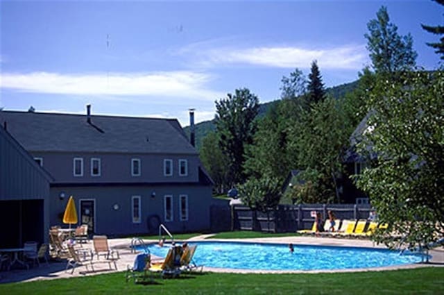 view of swimming pool featuring a yard and a patio area