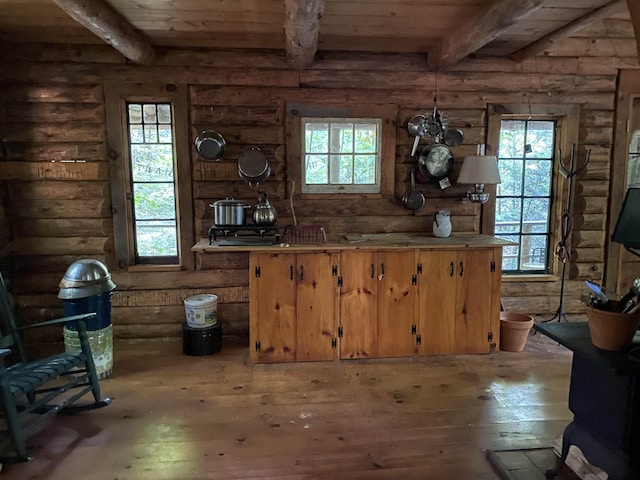 kitchen featuring beam ceiling, log walls, wood ceiling, and light hardwood / wood-style floors