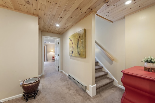 hall with carpet flooring, baseboard heating, and wooden ceiling