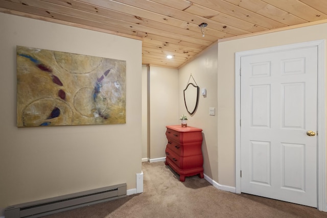 hall featuring carpet, wooden ceiling, and baseboard heating