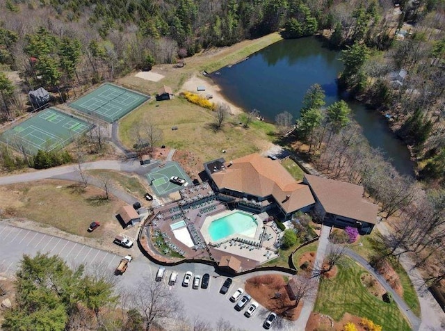 birds eye view of property featuring a water view