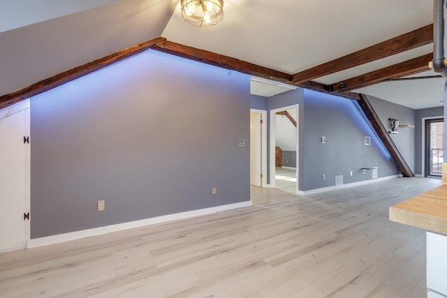 unfurnished living room featuring light hardwood / wood-style floors and beamed ceiling