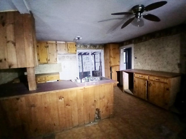 kitchen with kitchen peninsula and ceiling fan