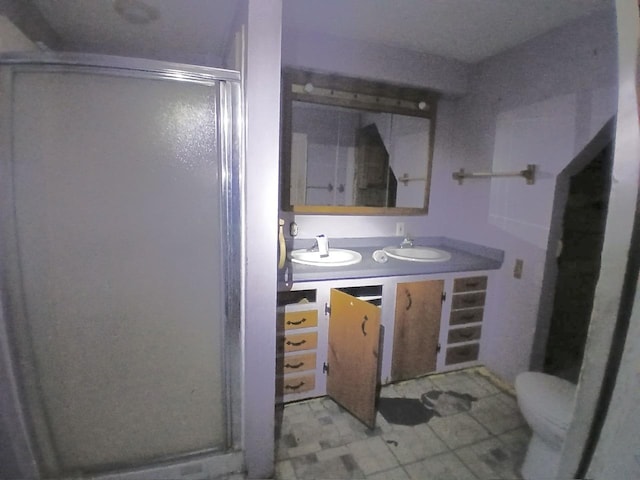 bathroom with vanity, toilet, and walk in shower