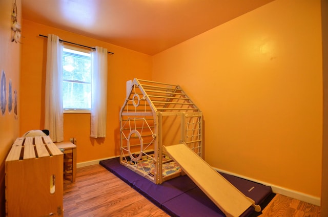 workout room with wood-type flooring