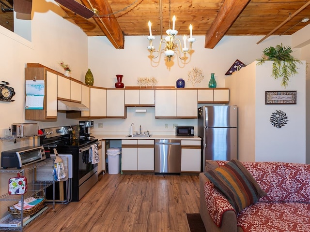 kitchen featuring hardwood / wood-style floors, wooden ceiling, decorative light fixtures, beam ceiling, and stainless steel appliances