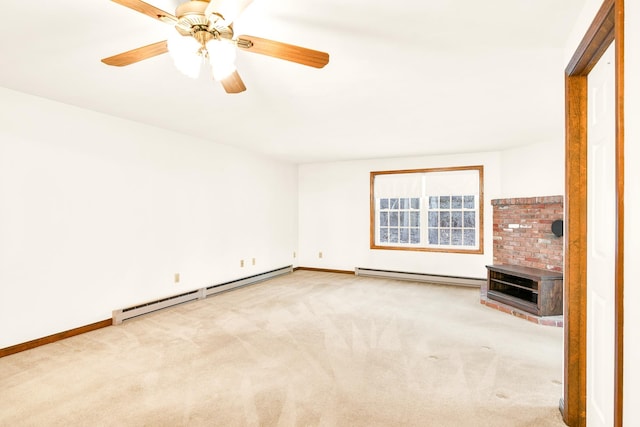 unfurnished living room with a fireplace, ceiling fan, light colored carpet, and baseboard heating