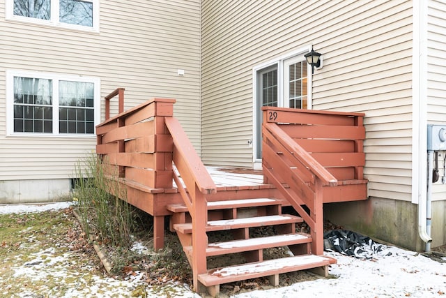 view of snow covered deck