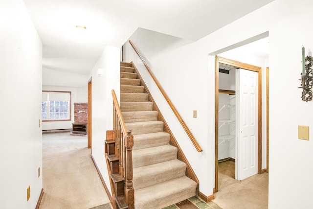 staircase featuring carpet