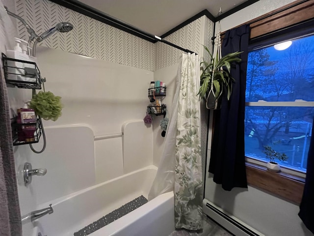 bathroom featuring baseboard heating and shower / tub combo with curtain