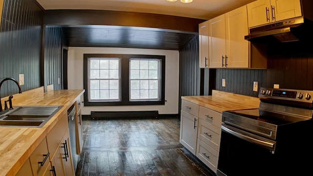 kitchen with white cabinetry, appliances with stainless steel finishes, and wooden counters