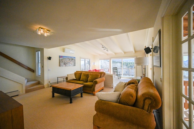 carpeted living room with vaulted ceiling with beams, a baseboard radiator, and a wall unit AC