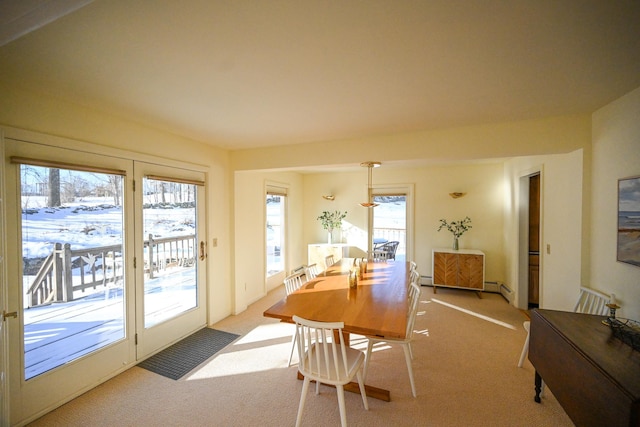 carpeted dining space featuring a baseboard heating unit and a healthy amount of sunlight