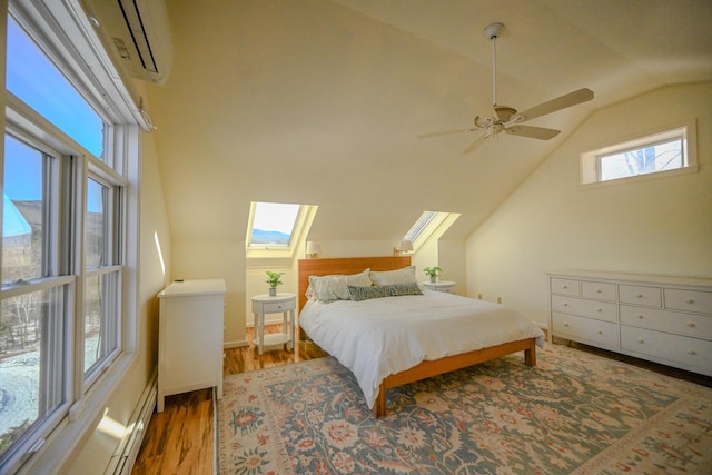 bedroom with ceiling fan, lofted ceiling, dark wood-type flooring, and a wall mounted AC