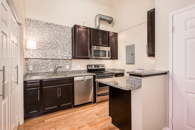 kitchen featuring appliances with stainless steel finishes, light hardwood / wood-style floors, dark brown cabinets, sink, and electric panel