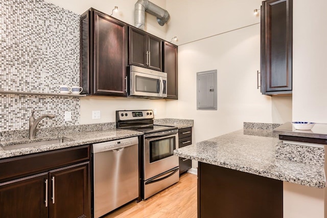 kitchen with sink, stainless steel appliances, electric panel, light hardwood / wood-style floors, and dark brown cabinets