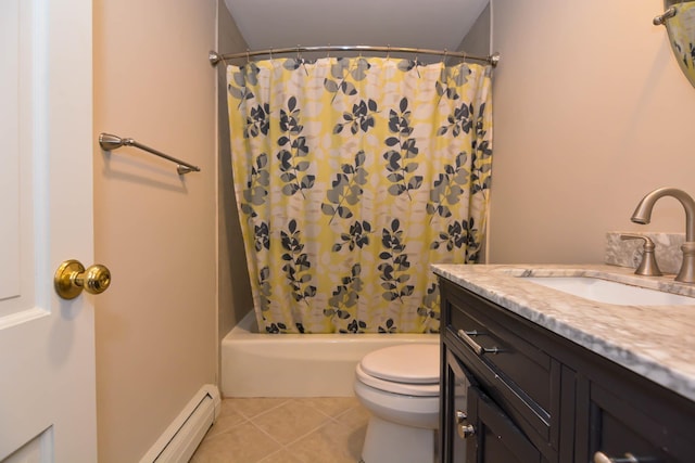 full bathroom featuring vanity, tile patterned flooring, toilet, shower / bath combo with shower curtain, and baseboard heating