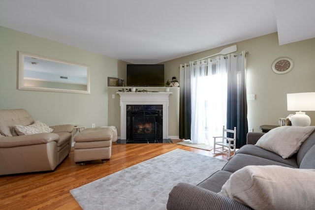 living room featuring a fireplace and light hardwood / wood-style floors