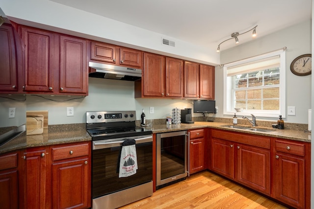 kitchen with sink, wine cooler, dark stone countertops, light hardwood / wood-style floors, and stainless steel range with electric stovetop