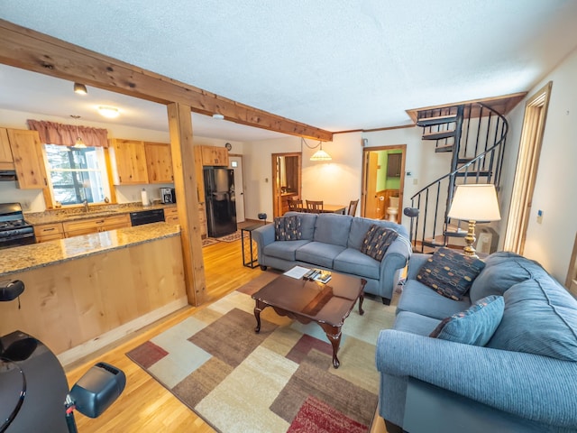 living room featuring a textured ceiling, light wood-type flooring, crown molding, and sink