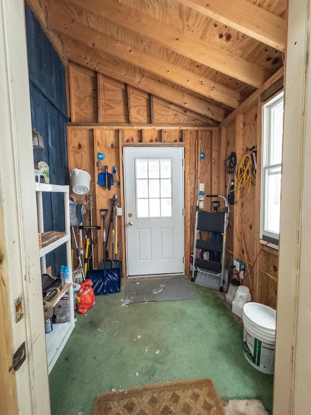 miscellaneous room featuring lofted ceiling