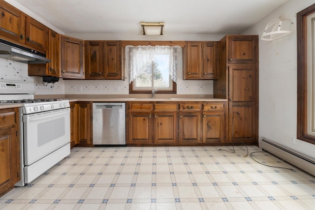 kitchen with stainless steel dishwasher, sink, white gas range oven, and a baseboard radiator