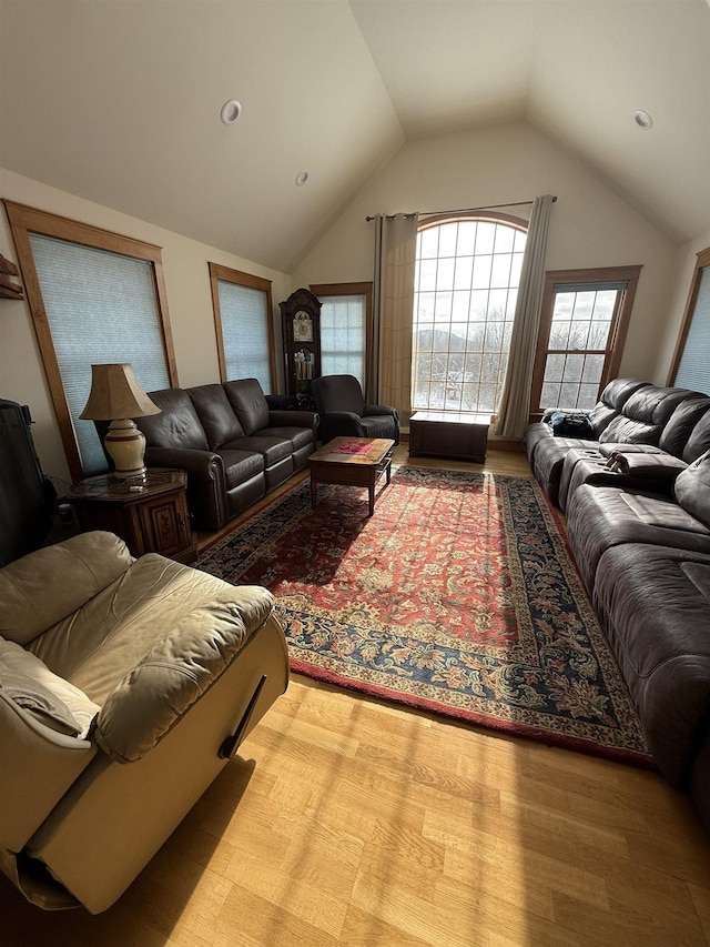 living room featuring lofted ceiling and light wood-type flooring