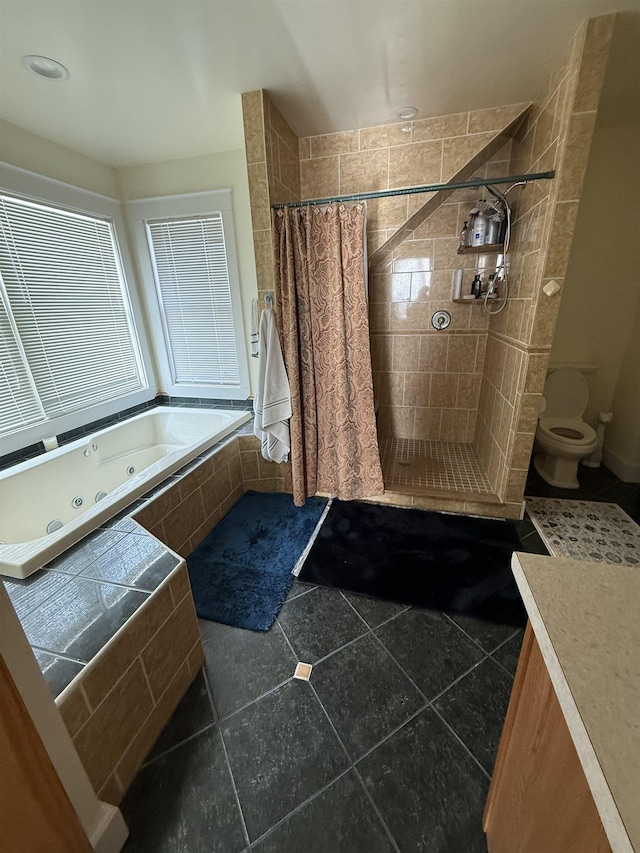 bathroom featuring tile patterned flooring, toilet, and a shower with shower curtain