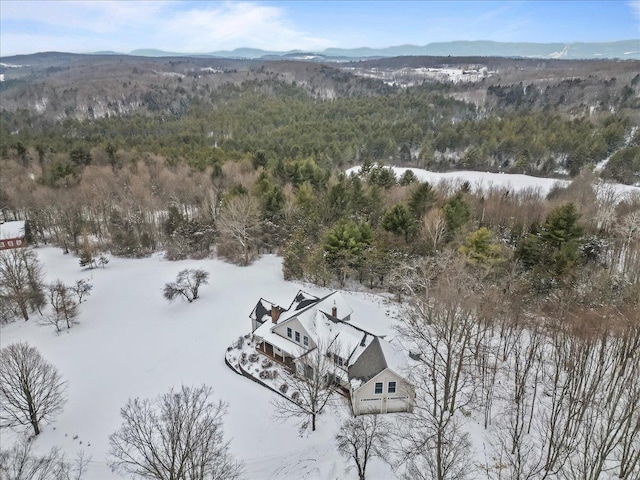 snowy aerial view with a mountain view