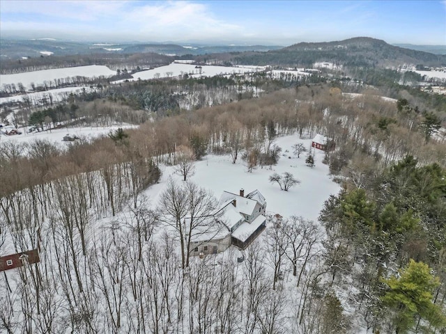 snowy aerial view with a mountain view