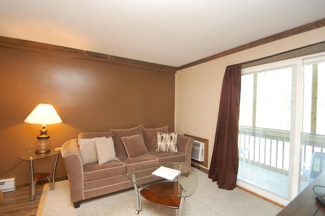 carpeted living room featuring a wall mounted air conditioner, a baseboard radiator, and ornamental molding