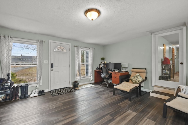 office space featuring a textured ceiling and dark hardwood / wood-style floors